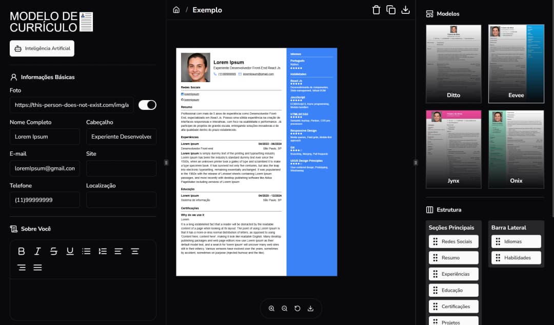 Imagem do painel do ResumeCraft